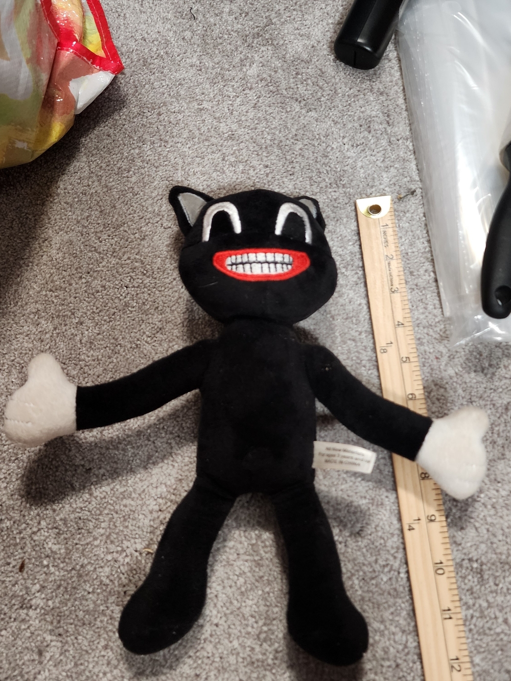 Black Plush Cat Doll with White Paws and Red Mouth - Soft Kids Stuffed Animal